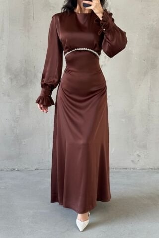 Elara Satin Hijab Evening Dress Brown
