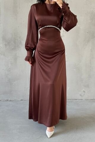 Elara Saten Tesettür Abiye Kahverengi