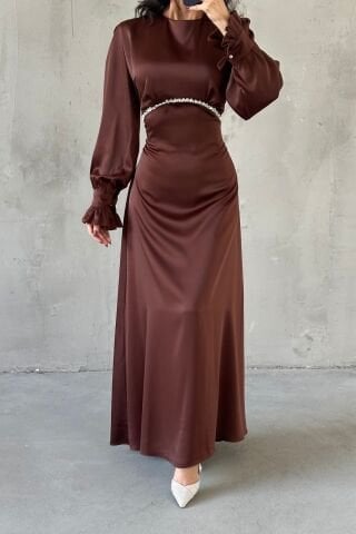 Elara Saten Tesettür Abiye Kahverengi