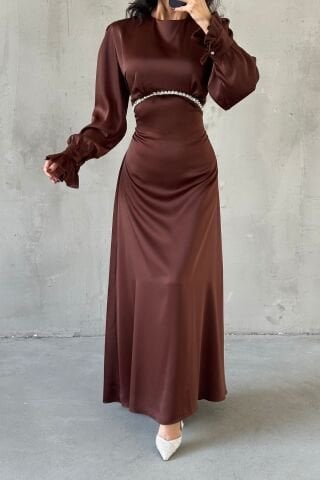 Elara Saten Tesettür Abiye Kahverengi