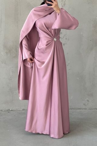 Satin Hijab Evening Dress with Flowing Fabric and Brooch Detail Dusty Rose