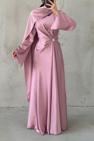 Satin Hijab Evening Dress with Flowing Fabric and Brooch Detail Dusty Rose