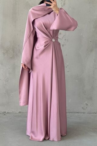 Satin Hijab Evening Dress with Flowing Fabric and Brooch Detail Dusty Rose