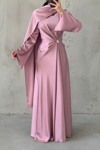 Satin Hijab Evening Dress with Flowing Fabric and Brooch Detail Dusty Rose