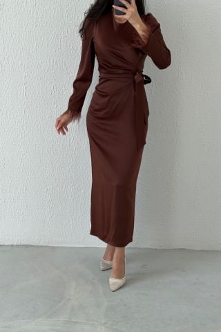 Pencil Satin Hijab Evening Dress Brown with Feather Sleeves