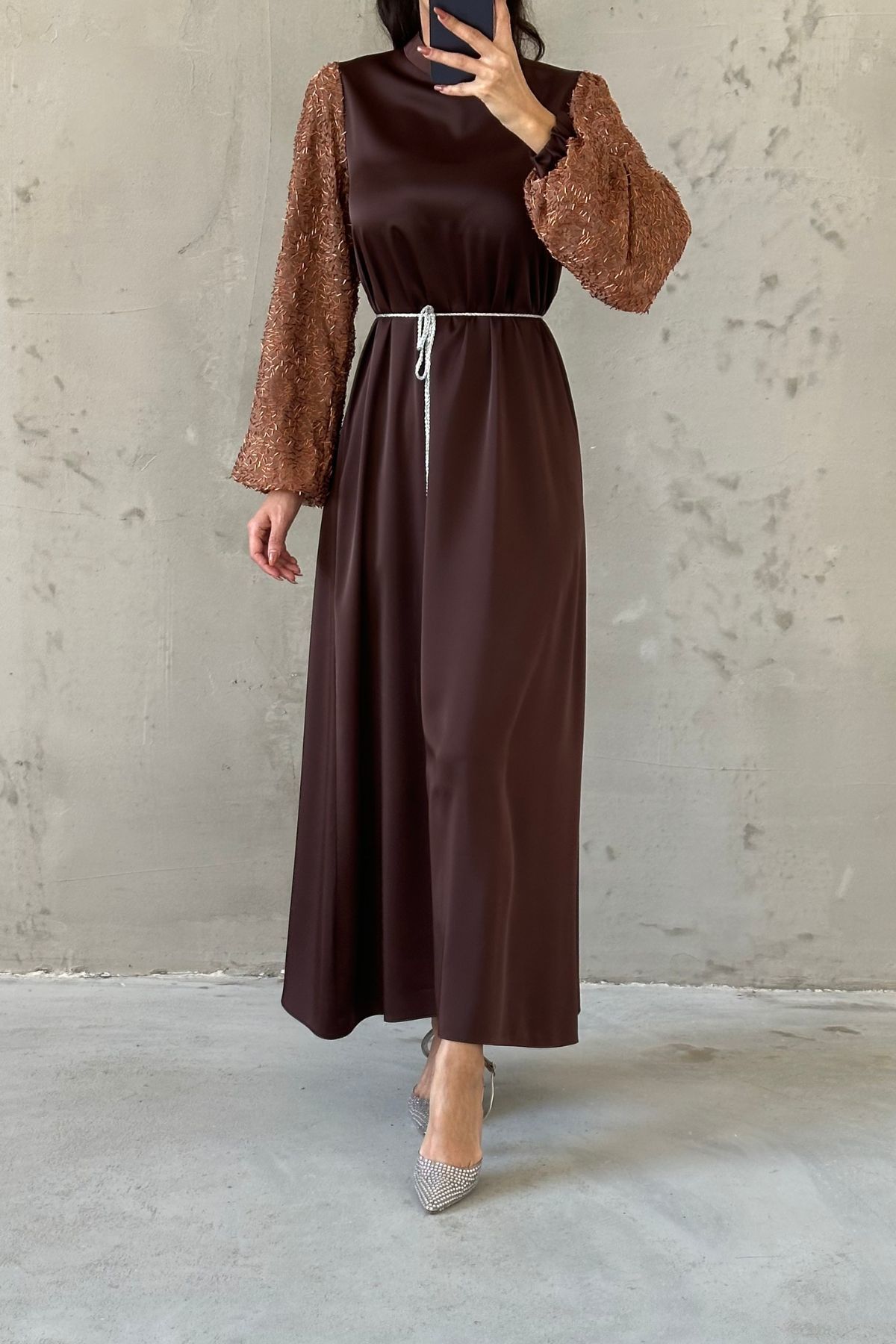 Sleeve Detailed Belted Hijab Evening Dress Brown