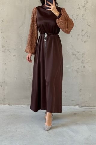 Sleeve Detailed Belted Hijab Evening Dress Brown