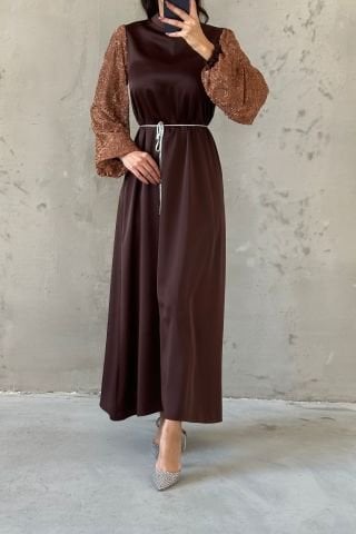 Sleeve Detailed Belted Hijab Evening Dress Brown