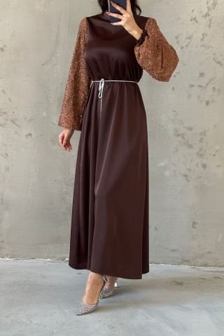 Sleeve Detailed Belted Hijab Evening Dress Brown
