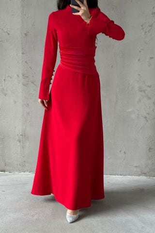 Crepe Fabric Pleated Waist Hijab Evening Dress Red