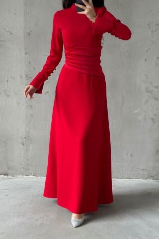Crepe Fabric Pleated Waist Hijab Evening Dress Red