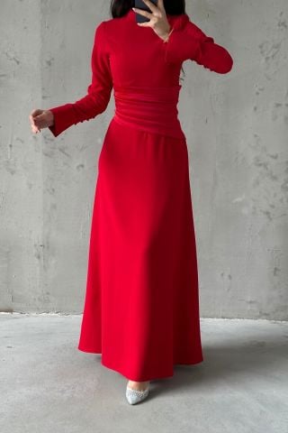 Crepe Fabric Pleated Waist Hijab Evening Dress Red