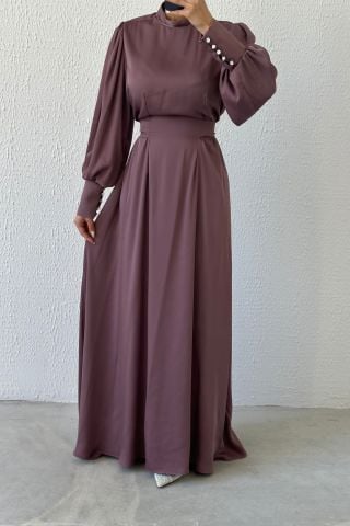 Işıltılı Bel: Balon Kollu Saten Tesettür Abiye Vizon