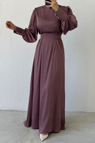 Işıltılı Bel: Balon Kollu Saten Tesettür Abiye Vizon