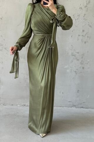 Elegant Hijab Evening Dress Embellished with Pearls Khaki