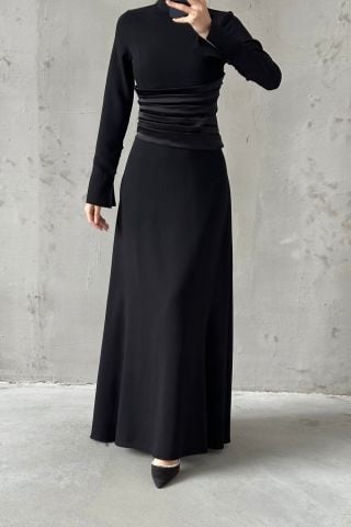 Crepe Fabric Pleated Waist Hijab Evening Dress Black