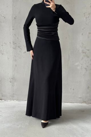 Crepe Fabric Pleated Waist Hijab Evening Dress Black