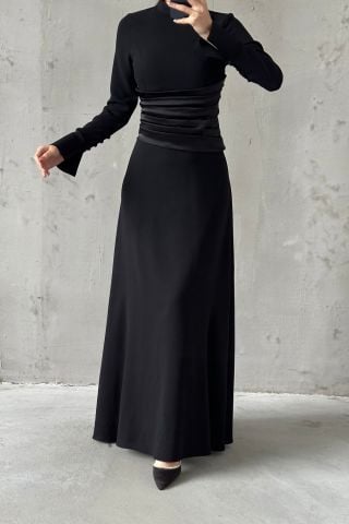 Crepe Fabric Pleated Waist Hijab Evening Dress Black