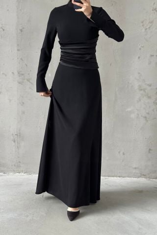 Crepe Fabric Pleated Waist Hijab Evening Dress Black