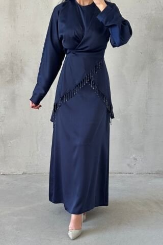 Elinor Satin Hijab Evening Dress Navy Blue