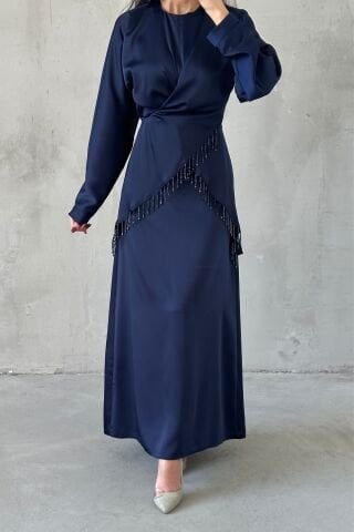 Elinor Satin Hijab Evening Dress Navy Blue