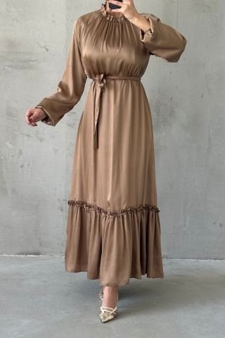 Thin Belt and Ruffle Skirt Satin Hijab Evening Dress Copper