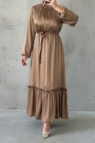İnce Kemer Ve Fırfır Etek Saten Tesettür Abiye Bakır