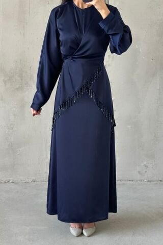 Elinor Satin Hijab Evening Dress Navy Blue