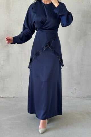 Elinor Satin Hijab Evening Dress Navy Blue