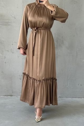 İnce Kemer Ve Fırfır Etek Saten Tesettür Abiye Bakır