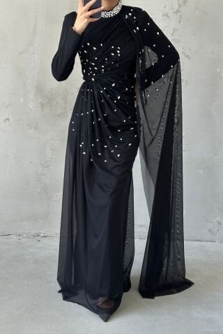 Taş Süslemeli Şık Tasarom Tül Tesettür Abiye Siyah