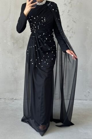 Taş Süslemeli Şık Tasarom Tül Tesettür Abiye Siyah