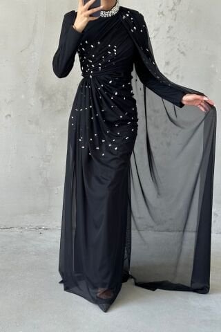 Taş Süslemeli Şık Tasarom Tül Tesettür Abiye Siyah