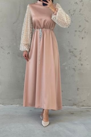 Sleeve Detailed Belted Hijab Evening Dress Stone