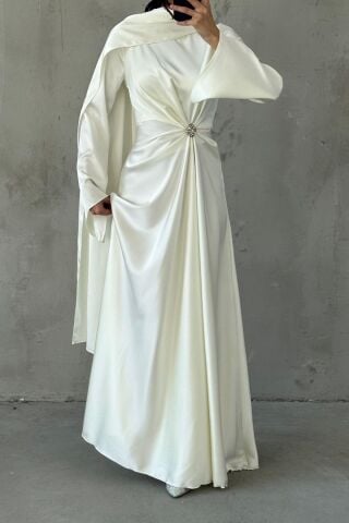White Satin Hijab Evening Dress with Flowing Fabric and Brooch Detail