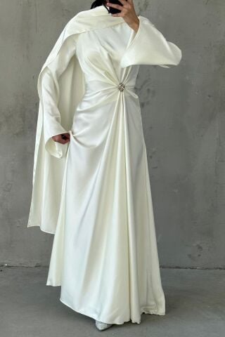 White Satin Hijab Evening Dress with Flowing Fabric and Brooch Detail