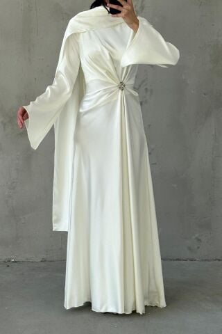 White Satin Hijab Evening Dress with Flowing Fabric and Brooch Detail