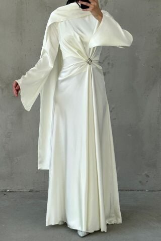 White Satin Hijab Evening Dress with Flowing Fabric and Brooch Detail