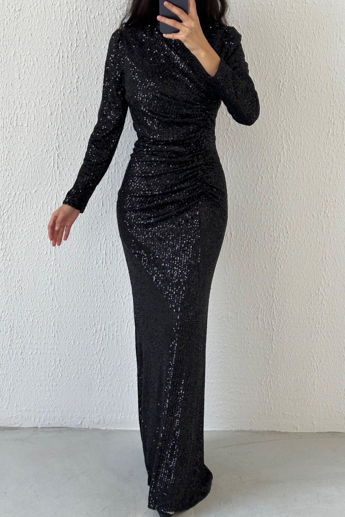All-over Gathered Sequined Hijab Evening Dress Black