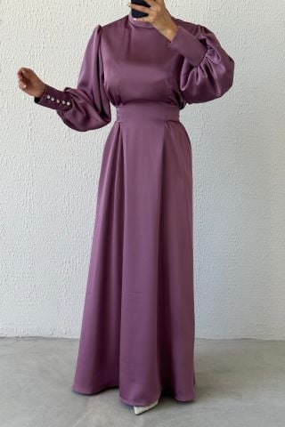 Işıltılı Bel: Balon Kollu Saten Tesettür Abiye Lila