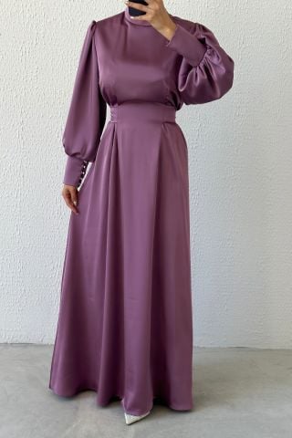 Işıltılı Bel: Balon Kollu Saten Tesettür Abiye Lila