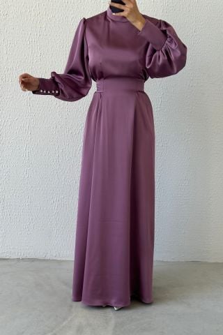 Işıltılı Bel: Balon Kollu Saten Tesettür Abiye Lila