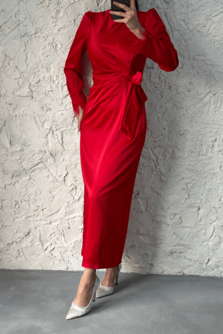 Pencil Satin Hijab Evening Dress Red with Feather Sleeves