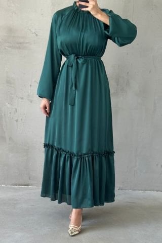 Thin Belt and Ruffle Skirt Satin Hijab Evening Dress Emerald Green