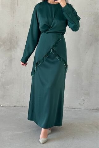 Elinor Saten Tesettür Abiye Yeşil