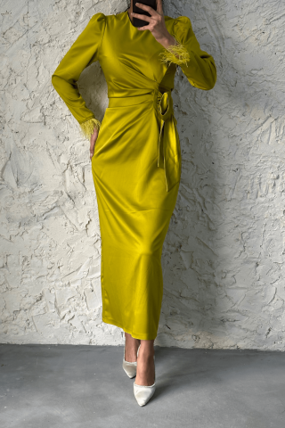 Pencil Satin Hijab Evening Dress with Feather Sleeves Mustard