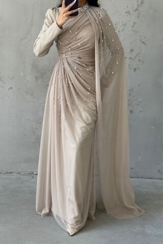 Elegant Design Tulle Hijab Evening Dress with Stone Decorations