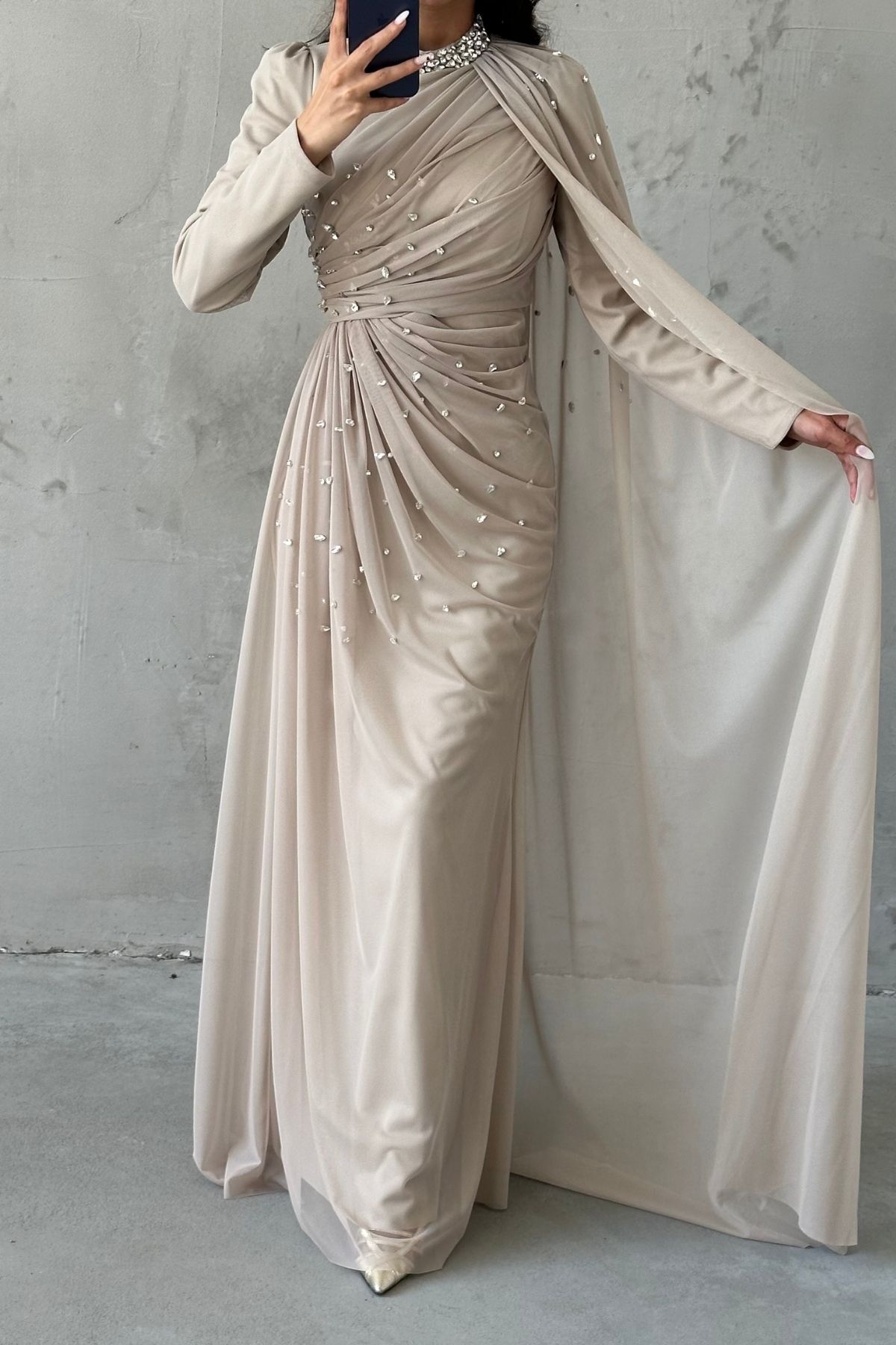 Elegant Design Tulle Hijab Evening Dress with Stone Decorations