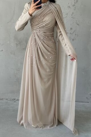 Elegant Design Tulle Hijab Evening Dress with Stone Decorations