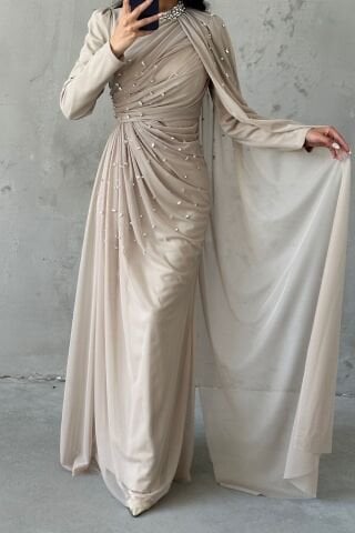 Elegant Design Tulle Hijab Evening Dress with Stone Decorations